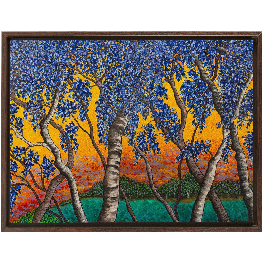 Tree With Blue Leaves and Orange Sky