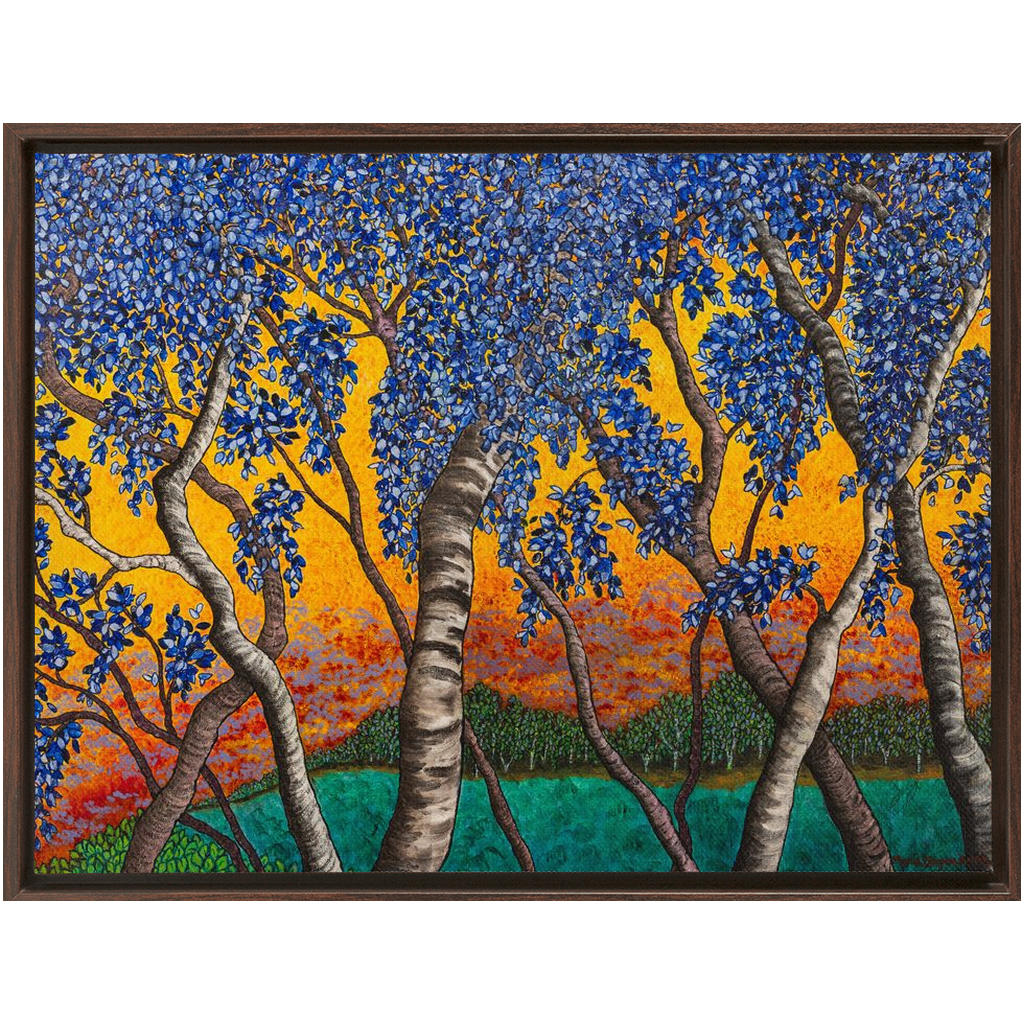 Tree With Blue Leaves and Orange Sky