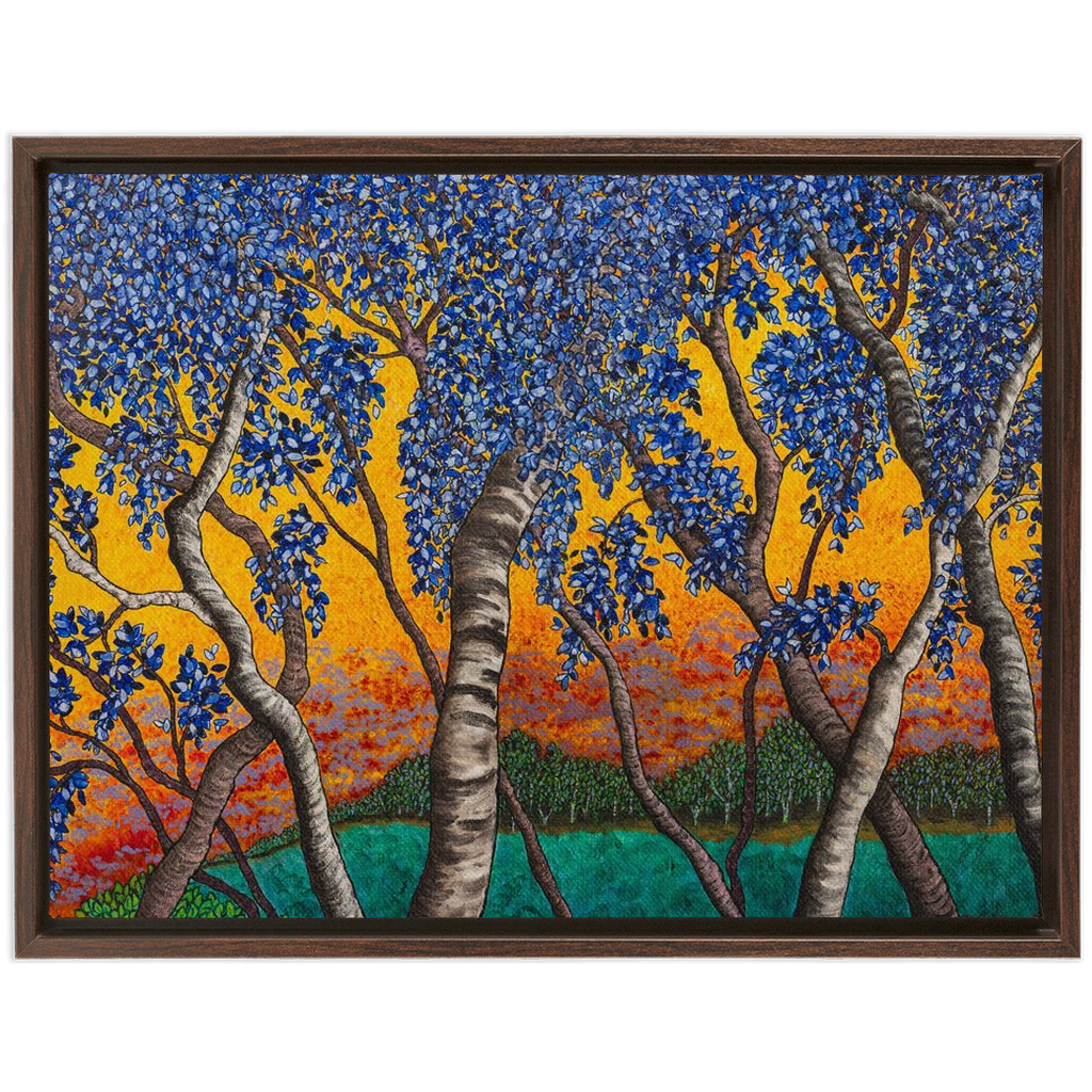 Tree With Blue Leaves and Orange Sky