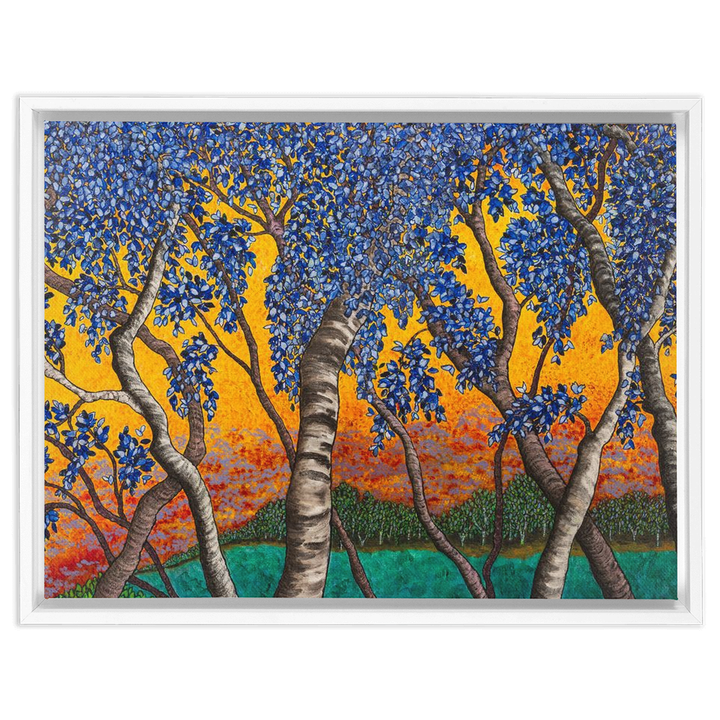Tree With Blue Leaves and Orange Sky