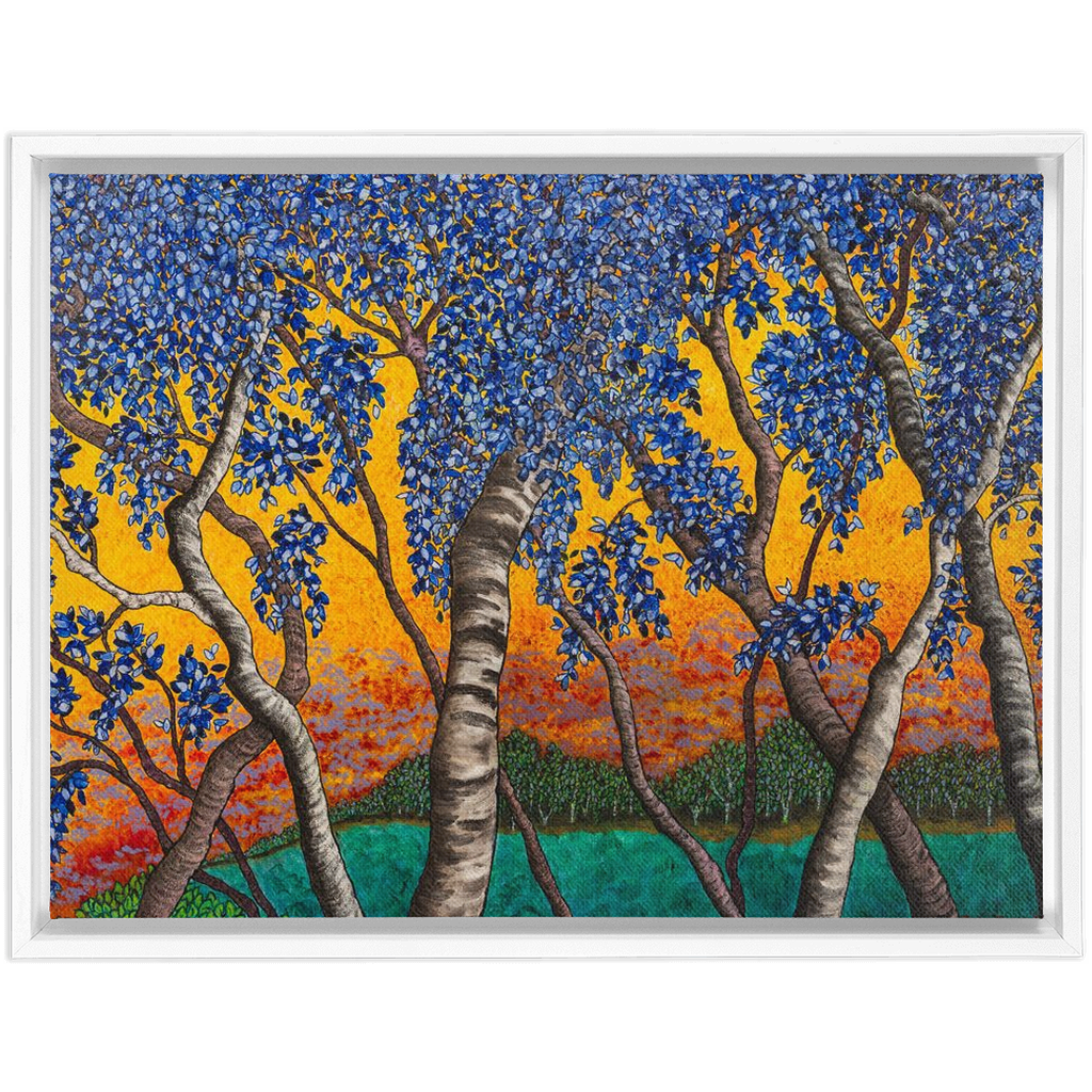 Tree With Blue Leaves and Orange Sky