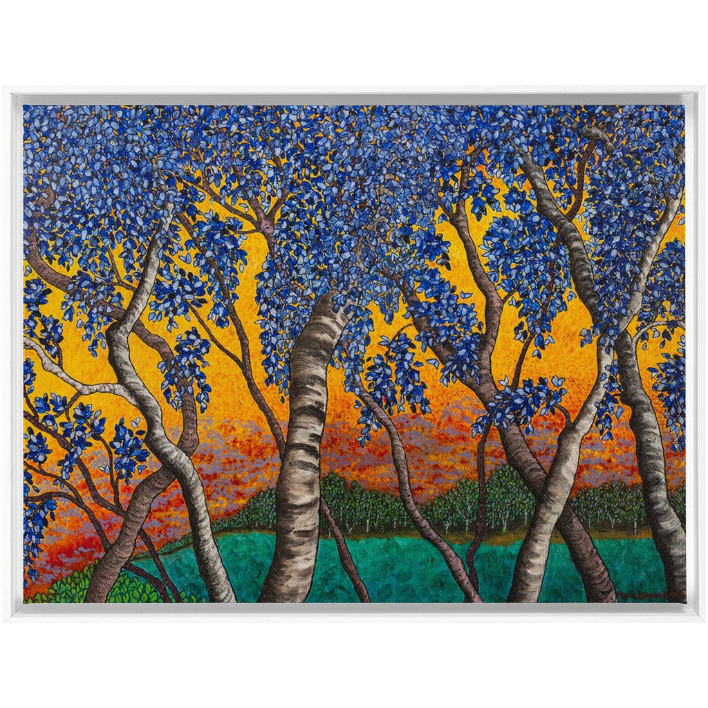 Tree With Blue Leaves and Orange Sky