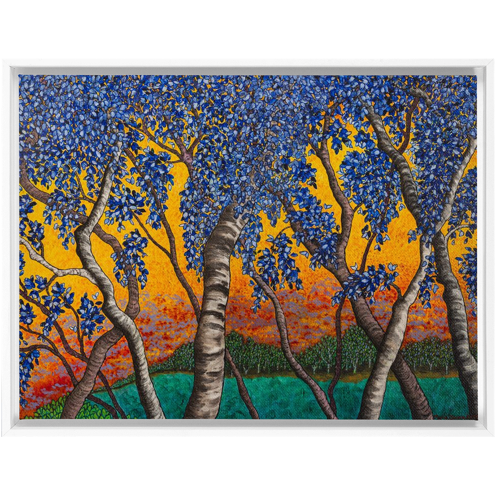 Tree With Blue Leaves and Orange Sky