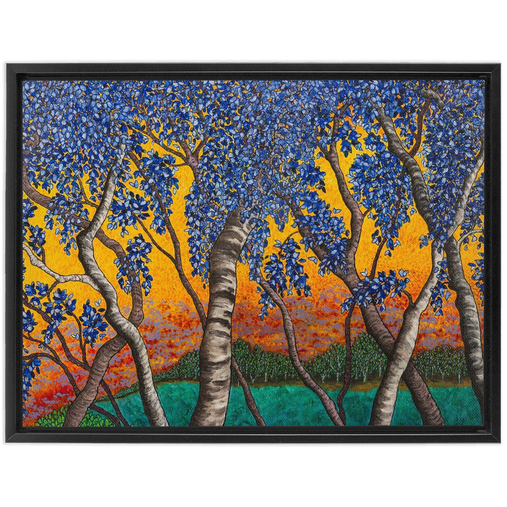 Tree With Blue Leaves and Orange Sky