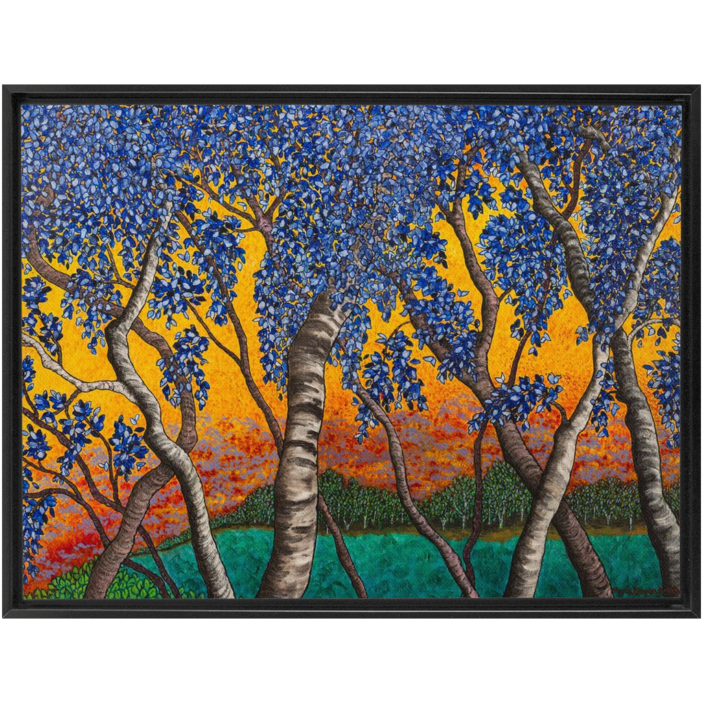 Tree With Blue Leaves and Orange Sky